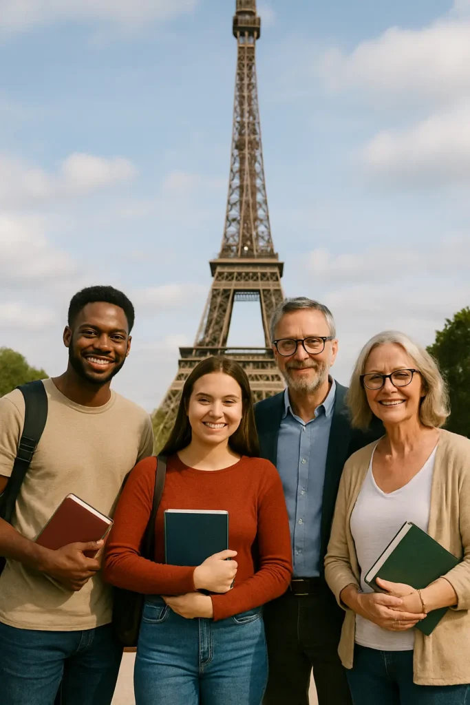 Gruppo di quattro persone sorridenti in posa davanti alla Torre Eiffel a Parigi