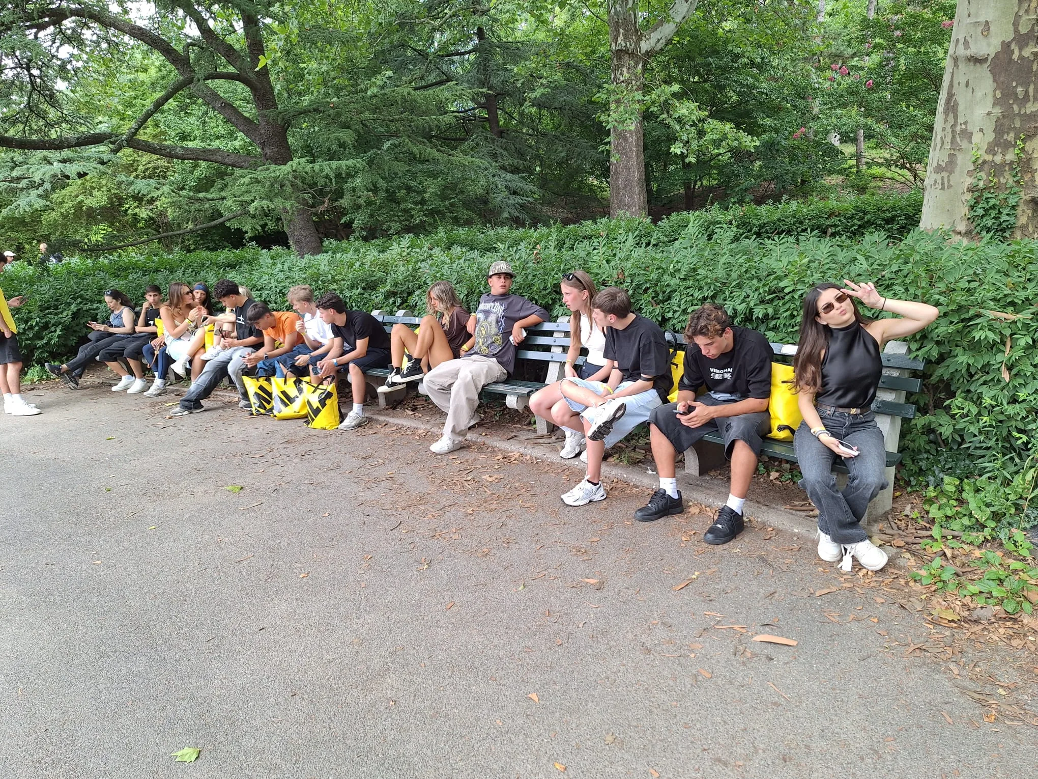 Il gruppo seduto sulle panchine di Central Park