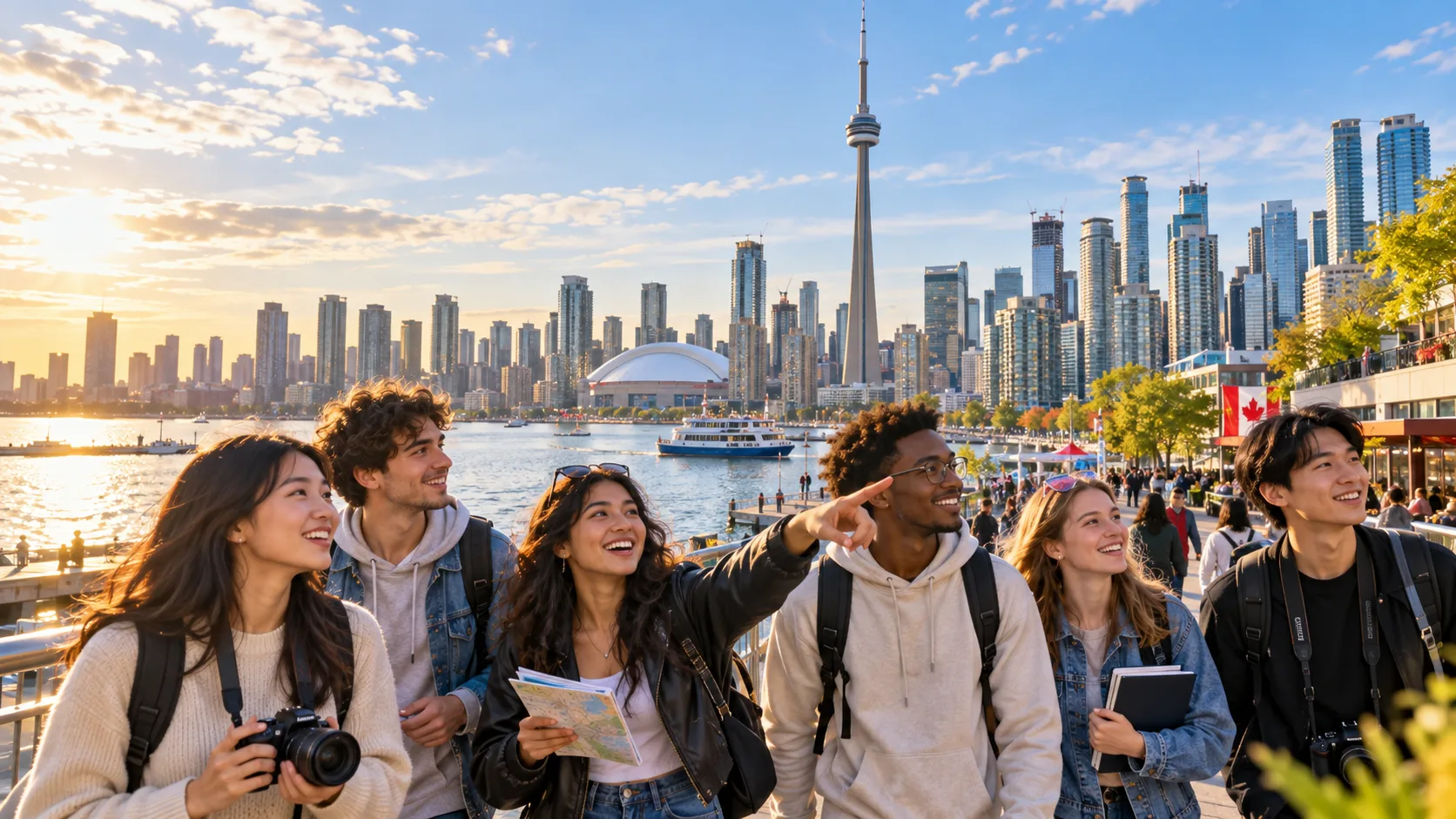 Gruppo di giovani studenti sorridenti sul lungolago di Toronto con lo skyline e la CN Tower sullo sfondo
